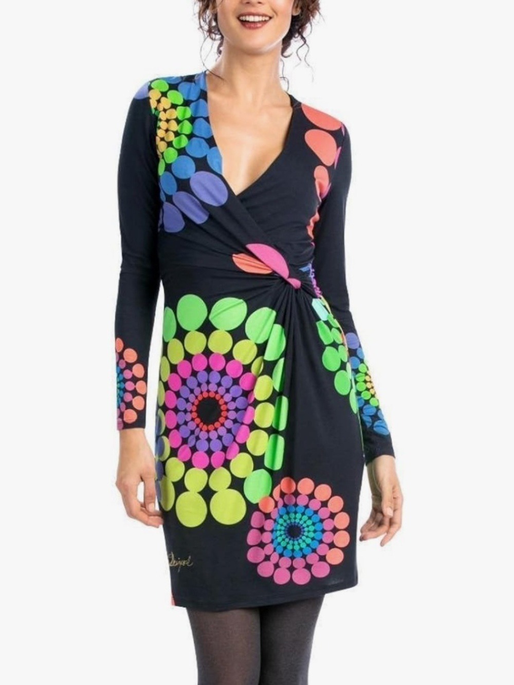 Desigual Black Long Sleeve Wrap Dress with Neon Floral Dot Print size Small
